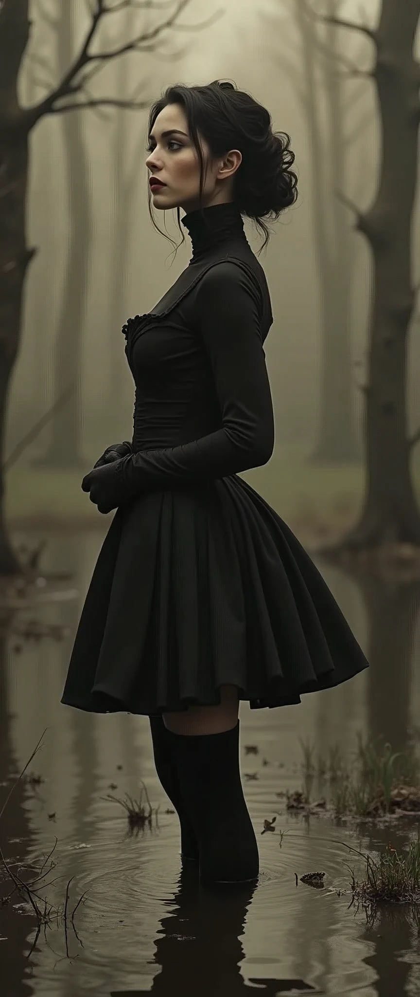 sephia, drama, stuck in bog,high-neck style, closed Puritan dress, short mini-dress, hips, high-neck dress, aristocratic hairstyle, stockings with garters, red lips, goth, aristocratic, gloves, monochrome