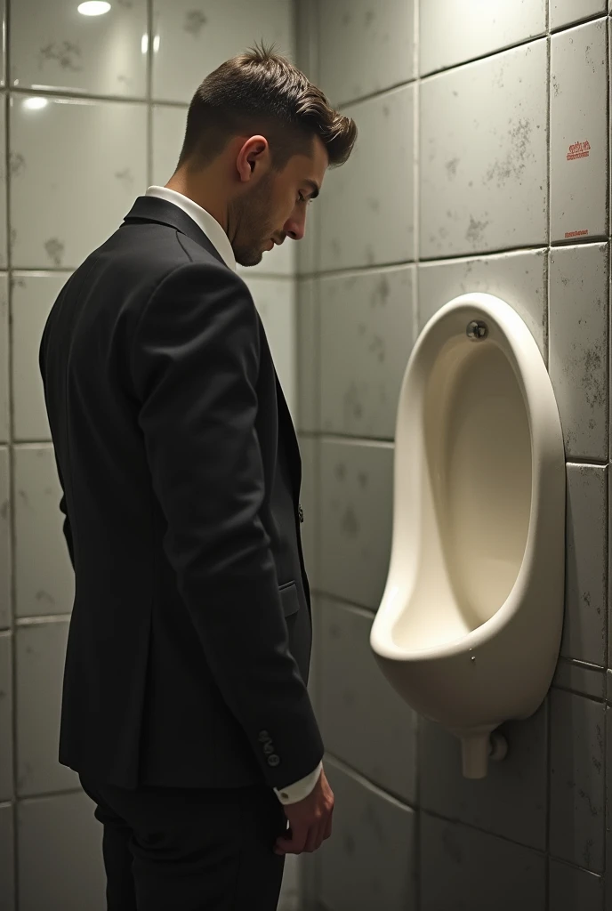 Cevher Güngöran peeing on the urinal. (((urine visible))), side shot, Poyraz Karayel