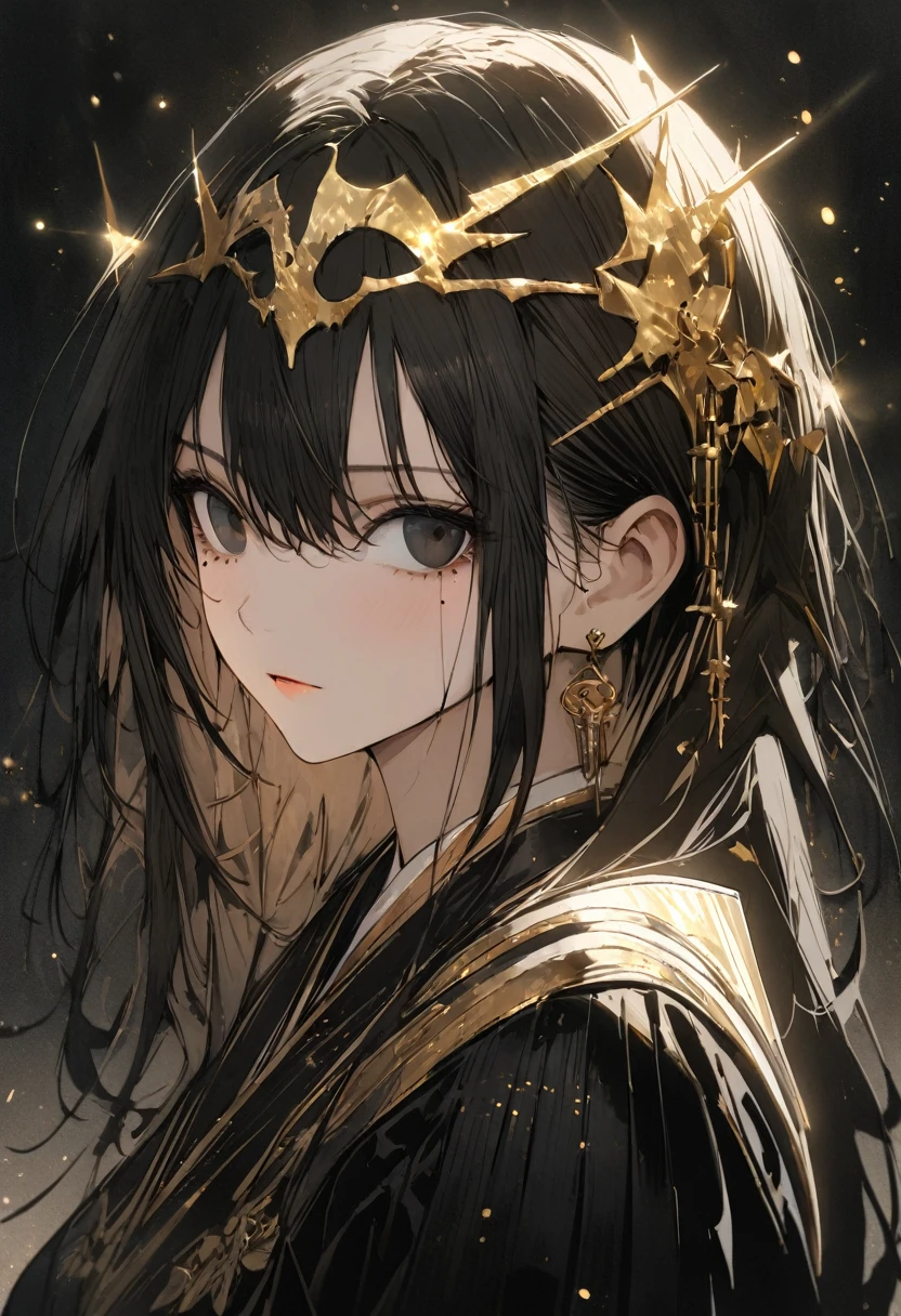 1 woman, striped hair, long black hair, hair between eyes, moles under the eyes, blank eyes, black eyes, (surrounded by light particles and shimmering gold sparks that form an ethereal glowing Raionn silhouette above her head) high detail, conceptual art, japanese cartoon movies, (gothic art), masterpiece, super detail, high details, high quality, best quality