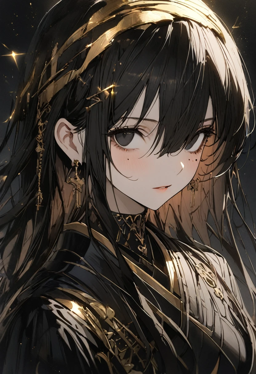 1 woman, striped hair, long black hair, hair between eyes, moles under the eyes, blank eyes, black eyes, (surrounded by light particles and shimmering gold sparks that form an ethereal glowing Raionn silhouette above her head) high detail, conceptual art, japanese cartoon movies, (gothic art), masterpiece, super detail, high details, high quality, best quality