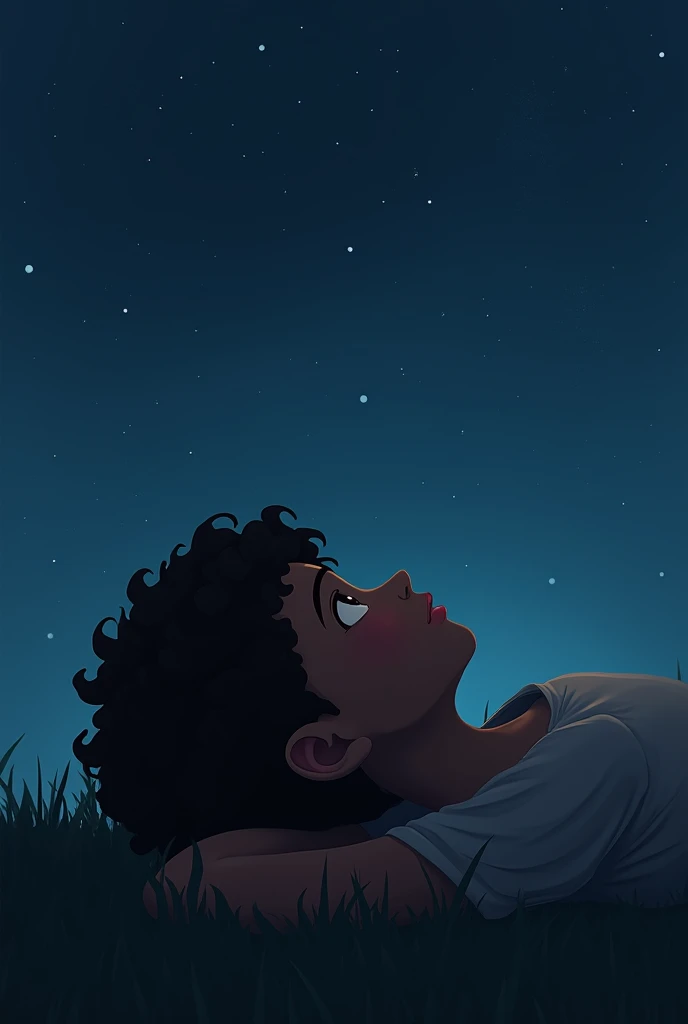 An Image Of A Dark-Skinned Boy With Curly Hair Lying Alone Looking At The Night Sky, Style Sad