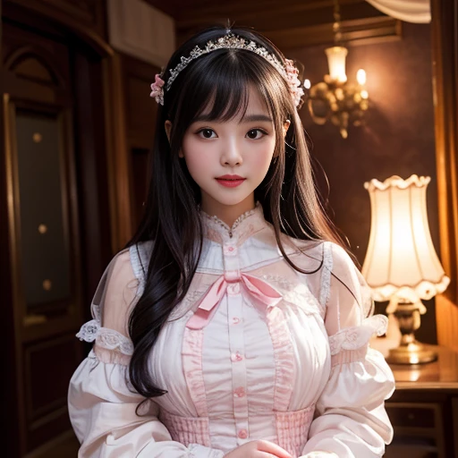 best quality, Delicate face,beautiful visual work, lifelike, eternity, black hair, Long curly hair, blunt bangs, Smile, Detailed Background, Delicate face,pink blush,cold,((masterpiece))、(top quality)、8k、high detail、Super detailed,31 years old female,Wearing lolita dress、Seductive and whimsical style、masterpiece、born、Scenes resembling fairy tale illustrations、Intricate details and complex designs、Beautifully、magic、capricious、 Beautifully、Dream aesthetics、「𝓡𝓸𝓶𝓪𝓷𝓽𝓲𝓬、ethereal、charming、fickle、magic」、Realism、Visual effects、FXAA、SSAO、Shaders、voiceless、ambient lighting、Tone mapping、High resolution、Ultra high quality、Million pixels、(8K resolution:1.10)、8k、Below 8K、8K resolution、high detail、intricate details, (high quality:1.2、masterpiece:1.2、:1.21)、(21 years old female:1.21)、(Smile excitedly)、(Surrounded by the dreamy atmosphere、Model diagram,full-body shot,Normal 2 feet,Don't show your fingers