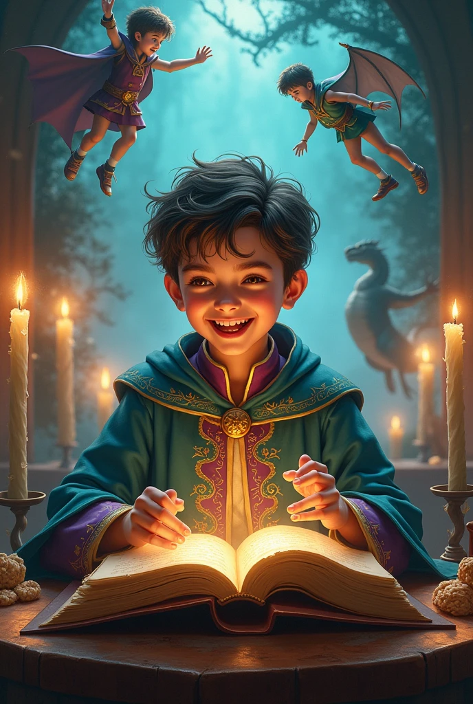 Pic of A young boy with a joyful expression, deeply engrossed in a large, ornate book. He wears a richly detailed, teal and purple robe with golden trim, suggesting he's a young sorcerer. Surrounding him are his imaginary scenarios like, He is getting a magic potion, he is diving in an ocean, he is fighting with dragon. hinting at the magical world bursting forth from the book. The scene is bathed in warm, inviting light, emanating from candles and magical sources alike, creating an atmosphere of wonder and enchantment.
