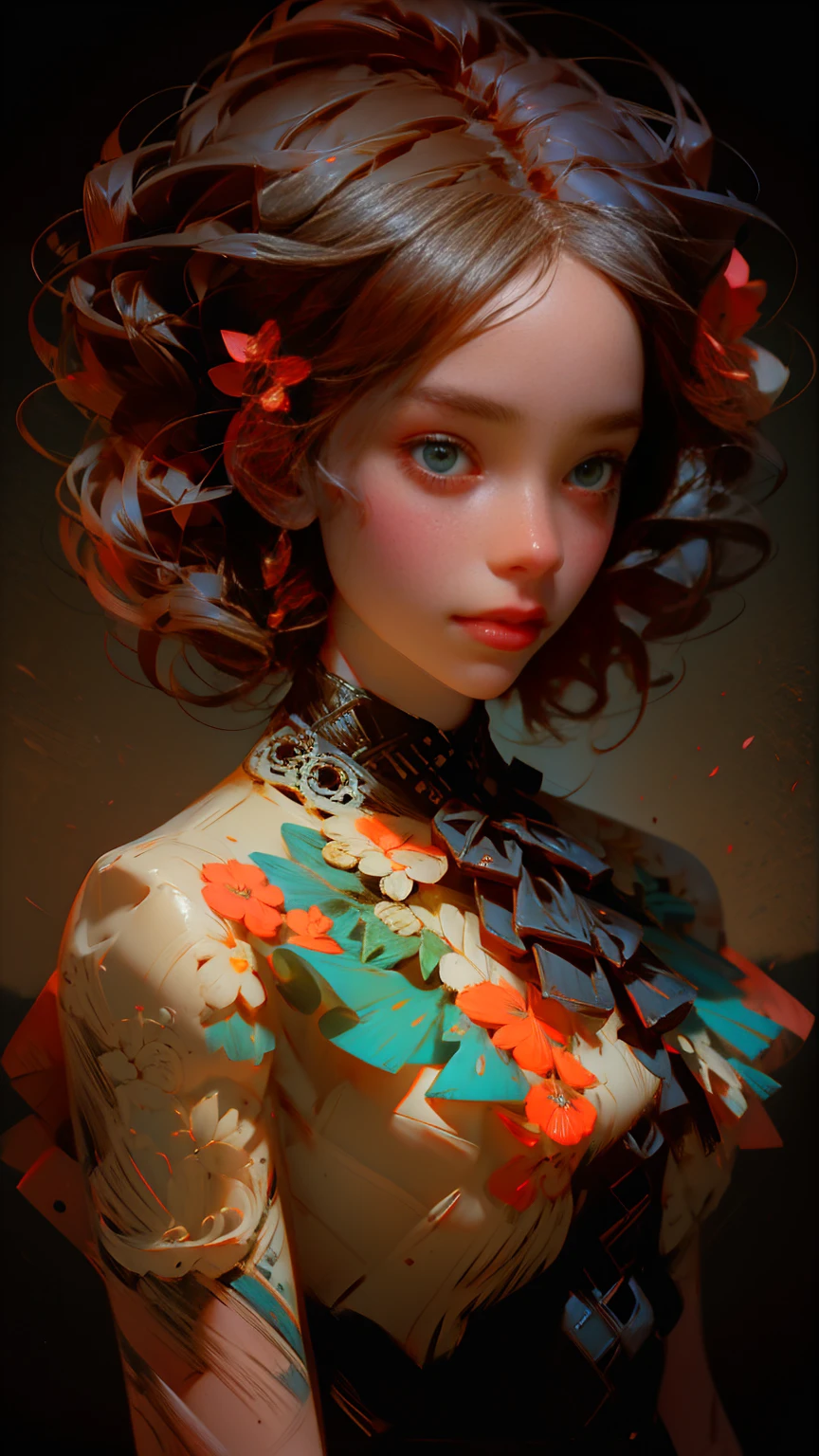 Charlie Bowater realistic Lithography sketch portrait of a woman, front view, flowers, [gears], pipes, dieselpunk, multi-colored ribbons, old  texture, highly detailed