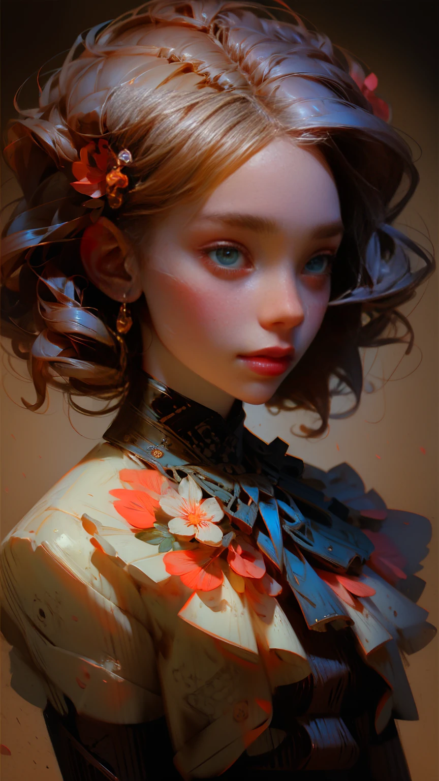 Charlie Bowater realistic Lithography sketch portrait of a woman, front view, flowers, [gears], pipes, dieselpunk, multi-colored ribbons, old  texture, highly detailed