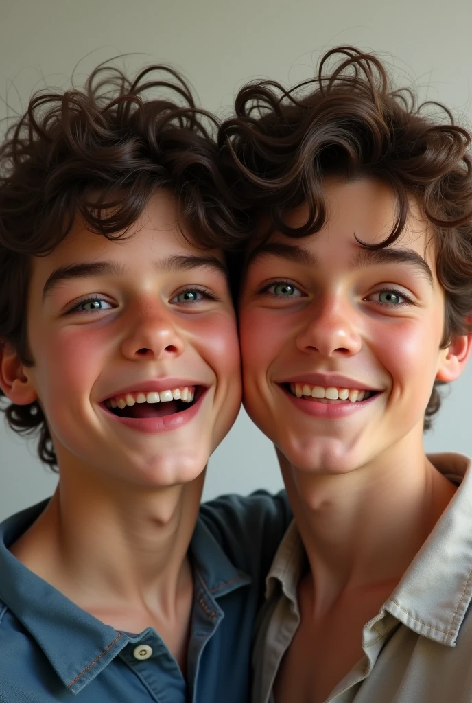 Male twins, with curly hair and blue eyes, one laughing and one more serious