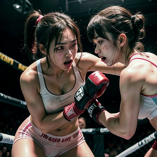 punch, punch, punch. two bloody beautiful Japanese female fighters are looking at each eyes. life or death struggle. survival battle. dynamic exciting action in the octagon fighting ring. whole body picture. they are beating each other so hard. their punches to each other's faces. they are covered in scars and bruises. they are damaged terribry. Short-cut black hair, out of breath, drooling from mouth, one eye closed, exhausted, drenched in sweat. Erect nipples. open finger glove. Ragged white and pink sports bra, high leg panty, Stockings. armwarmers. Whittled waistline,