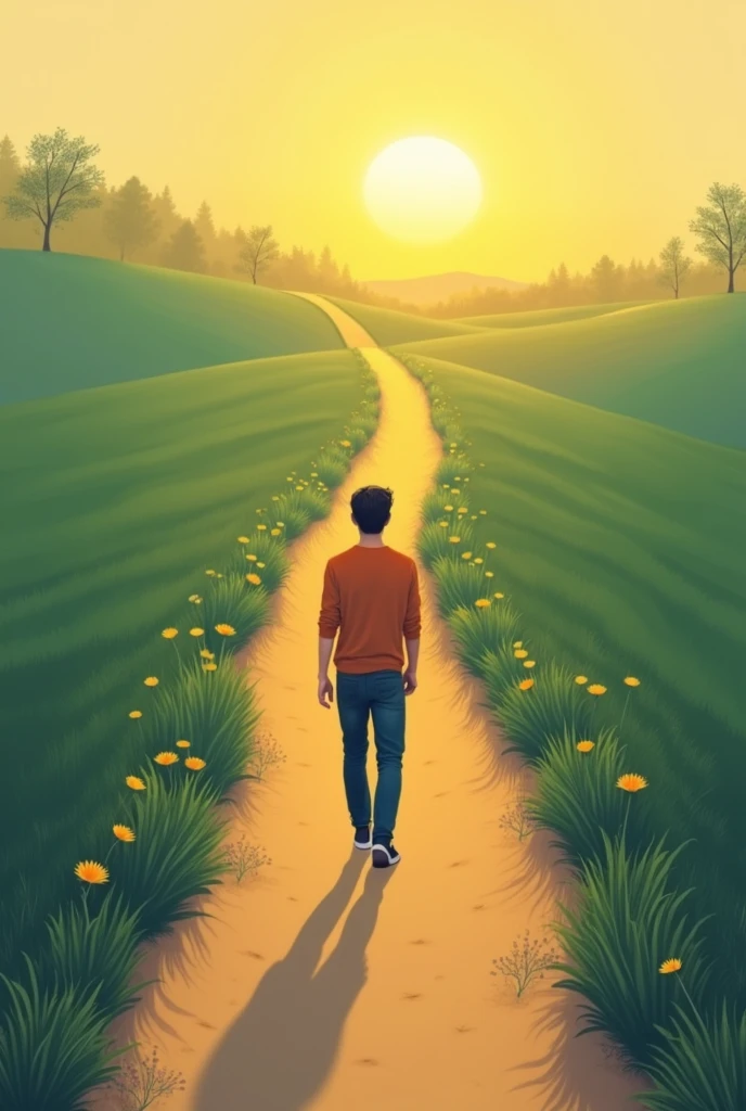 Image could show a person walking along a path they have previously chosen. The environment around you could include signs of progress or positive results., like plants growing along the path or a rising sun on the horizon, symbolizing a new beginning or success achieved. The person may appear calm and thoughtful., occasionally looking back to assess his journey.As for the colors, the image would use warm and comforting tones, like green, yellow and orange, to convey a feeling of satisfaction and positive evaluation of the path taken. Elements such as small achievements or milestones along the way could highlight the results of the decision made..