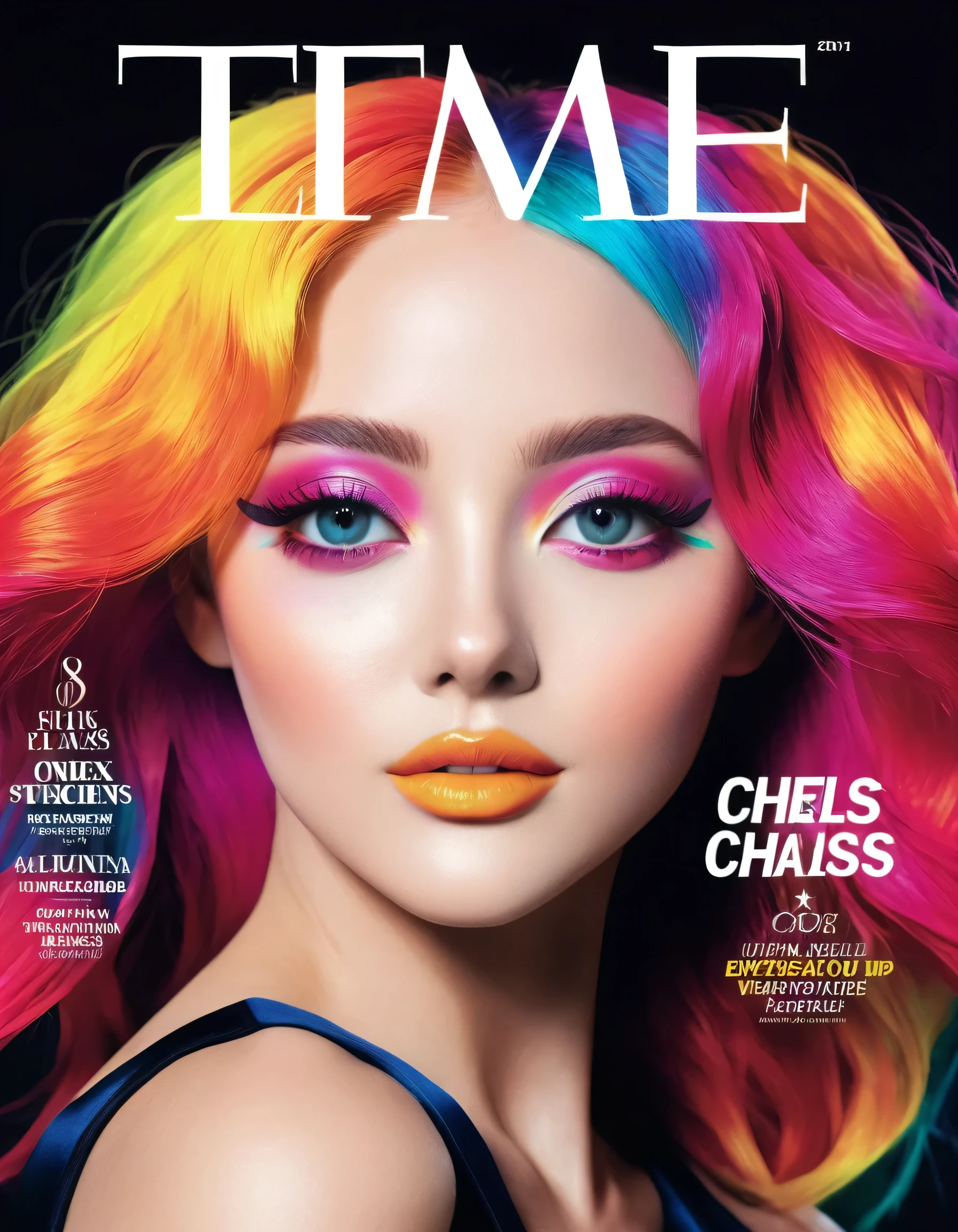 Magazine cover, esthetic, , (A girl with) vibrant colorful hair, Eye-catching pose, stylish clothes, confident smile, Dynamic background, (Haute Couture),(realisti),(studio lighting), (best quality,4K,highres), (portrait), (best quality,4K,8k,highres,​masterpiece:1.2),Ultra-detail,(realisti,photorealisti,photo-realisti:1.37), glossy finish, bright colours, captivating design, Professional models, Iconic logo, Striking typography, Dynamic layout, eye-catching headlines, Fashion Forward, Avant-garde style, innovative concepts, influential personalities, Trend-setting fashion, detailed articles, thought-provoking content, Modern lifestyle, cultural influence, timeless charm, stylish accessories, glamorous photo shoots, international appeal, Diverse perspectives, High-Fashion-Editorials, Exclusive interviews, first-class journalism, exquisite craftsmanship, visual storytelling, captivating cover story, captivating images, iconic fashion brands, Avantgardistisches Make-up, luxurious fabrics, elegant patterns, High quality printing, sophisticated layout, Trendprognose, inspiring pictures, breathtaking artistic direction, Required reading.