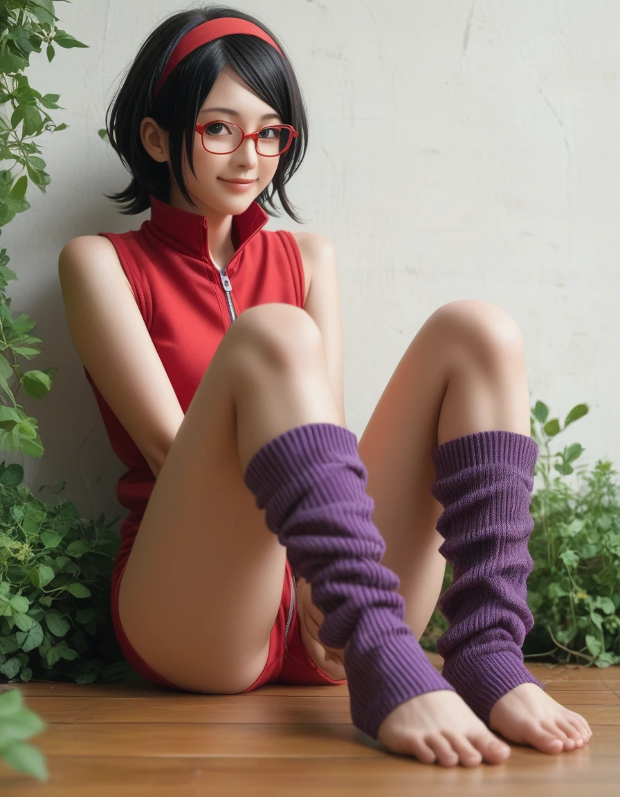 Anime-style illustration featuring a young character Sarada Uchiha with short black hair and fair skin. She is wearing a red sleeveless zip-up top, purple leg warmers, and a red headband with a metallic plate displaying a symbol. The character is sitting on the wooden floor, with her legs extended forward, prominently displaying her beautiful bare feet in the foreground. His facial expression is cheerful, with a slight smile and red-rimmed glasses. The background includes a wooden structure, green bushes and a beige wall. There are placed on the floor near her feet.anime, anatomically correct, super detailed, high quality, 4K