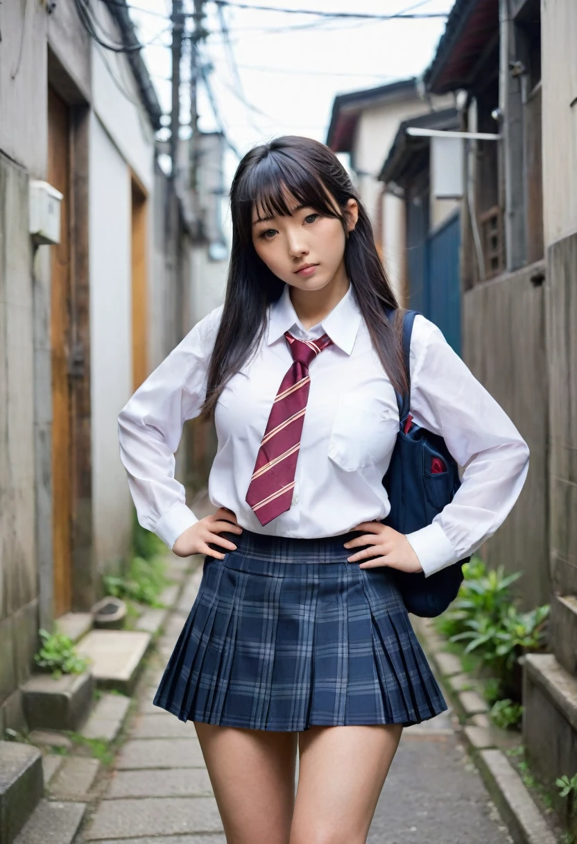 ((be familiar with)), ((Details of the face)), ((((In the back alley)))), ((((Japanese women)))), ((((20-years old)))), ((Black long hair)), ((Forehead)), ((((sagging droopy breasts)))), ((((fat body)))), ((Ugly Face)), (((school uniform、White shirt、tie、Checked mini skirt))), ((((largebreasts)))),