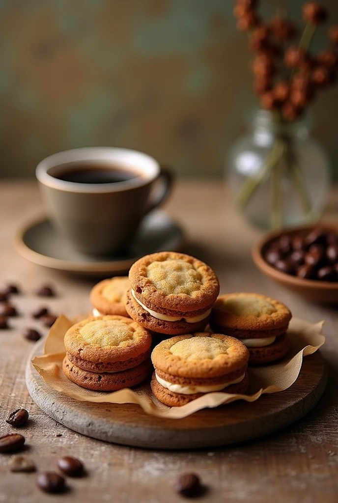 SEQUILHOS COOKIES IN A BEAUTIFUL TIJELA WITH A COFFEE XICARA NEXT AND IMAGE ON FARM BACKGROUND