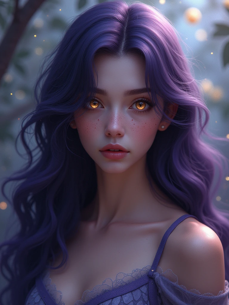 Create a cute girl with long dark purple hair, honey-colored eyes, ultra-realistic