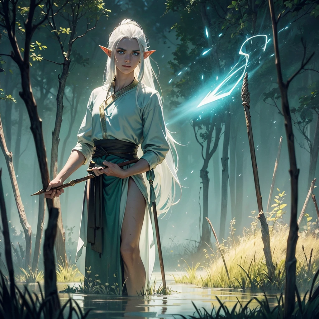 "In the foreground, several majestic spears of light, ethereal and brilliantly glowing, hover in mid-air as if suspended by an unseen force. Each spear is intricately designed, with radiant light emanating from its core, creating a sharp, blinding aura around the edges. The spears are composed of pure magical energy, their surfaces shimmering with hues of gold and white, occasionally flickering with electric blue sparks.
Standing behind the spears, a figure with long, flowing white hair and pointed elf ears holds a staff in one hand. The figure's face is obscured in shadow, leaving only the striking contrast of the white hair and the elongated ears visible. The staff, elegant and ancient in design, glows faintly with the same magical energy as the spears, indicating its role in their creation.
In the background, a murky swamp spreads out, its dark, stagnant waters dotted with patches of thick, green algae. The swamp's surface reflects the eerie glow of the spears, casting long, haunting shadows. The surrounding environment is shadowy and foreboding, the air thick with mist and the faint odor of decaying vegetation. The contrast between the pure, powerful light of the spears and the grim, muddy swamp creates a striking visual tension, making the scene both ominous and mesmerizing. Elf is a man. Green eyes, and beatiful boy.