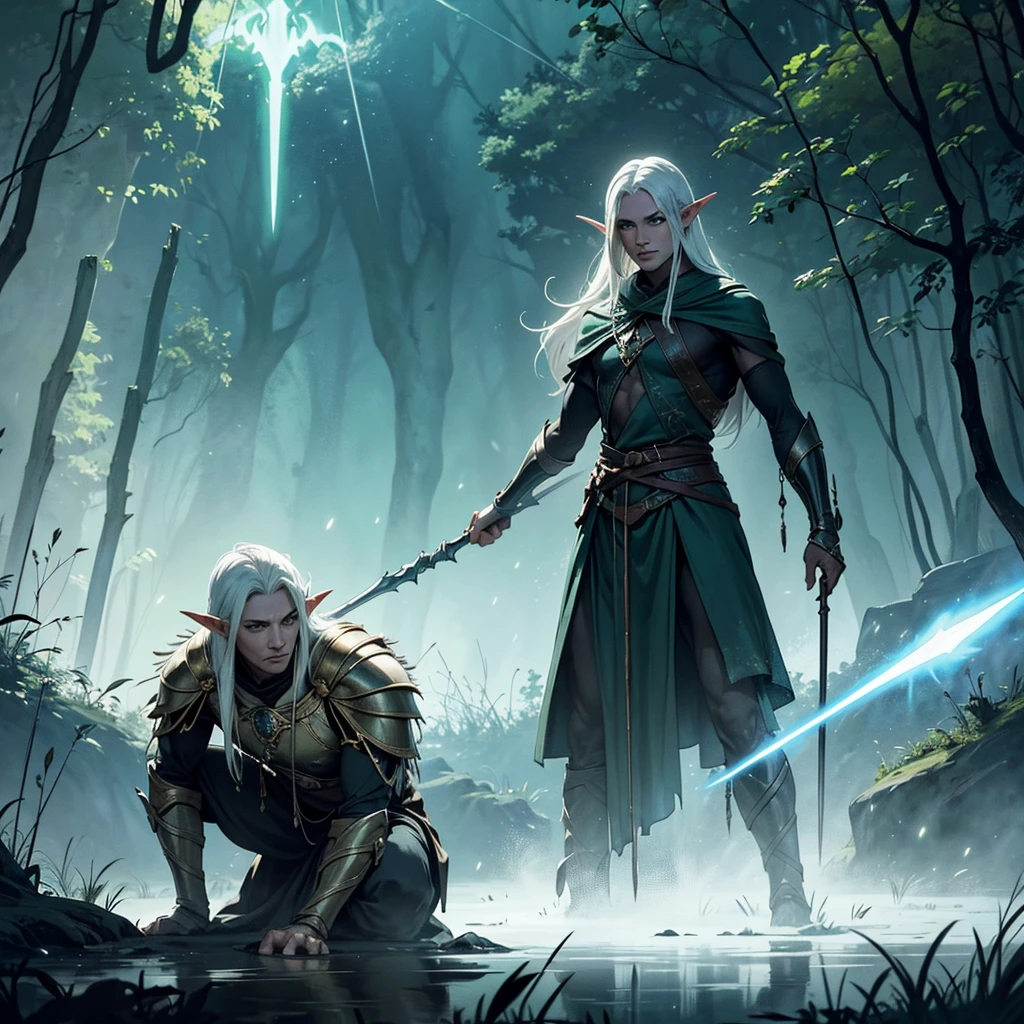 "In the foreground, several majestic spears of light, ethereal and brilliantly glowing, hover in mid-air as if suspended by an unseen force. Each spear is intricately designed, with radiant light emanating from its core, creating a sharp, blinding aura around the edges. The spears are composed of pure magical energy, their surfaces shimmering with hues of gold and white, occasionally flickering with electric blue sparks.
Standing behind the spears, a figure with long, flowing white hair and pointed elf ears holds a staff in one hand. The figure's face is obscured in shadow, leaving only the striking contrast of the white hair and the elongated ears visible. The staff, elegant and ancient in design, glows faintly with the same magical energy as the spears, indicating its role in their creation.
In the background, a murky swamp spreads out, its dark, stagnant waters dotted with patches of thick, green algae. The swamp's surface reflects the eerie glow of the spears, casting long, haunting shadows. The surrounding environment is shadowy and foreboding, the air thick with mist and the faint odor of decaying vegetation. The contrast between the pure, powerful light of the spears and the grim, muddy swamp creates a striking visual tension, making the scene both ominous and mesmerizing. Elf is a man. Green eyes, and beatiful boy.