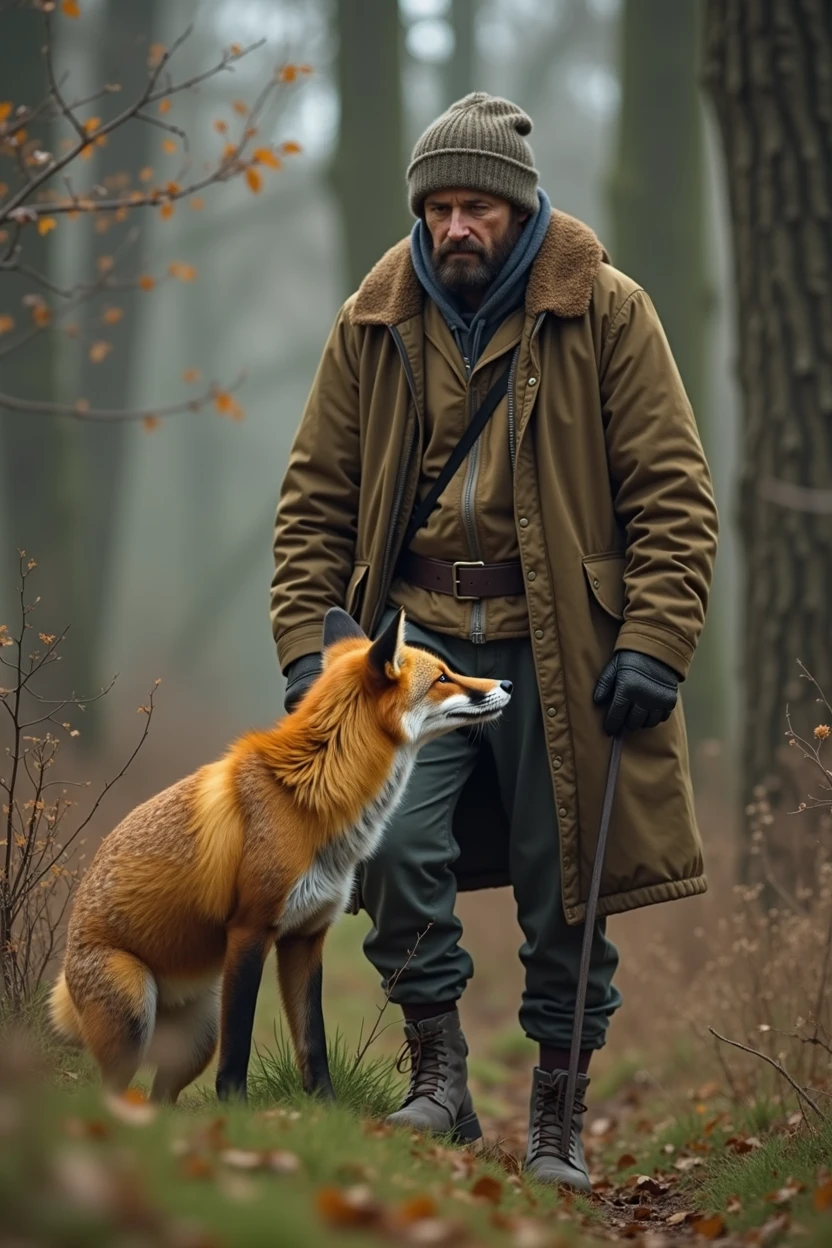 Creat a Man hidding to catch a fox by a trap