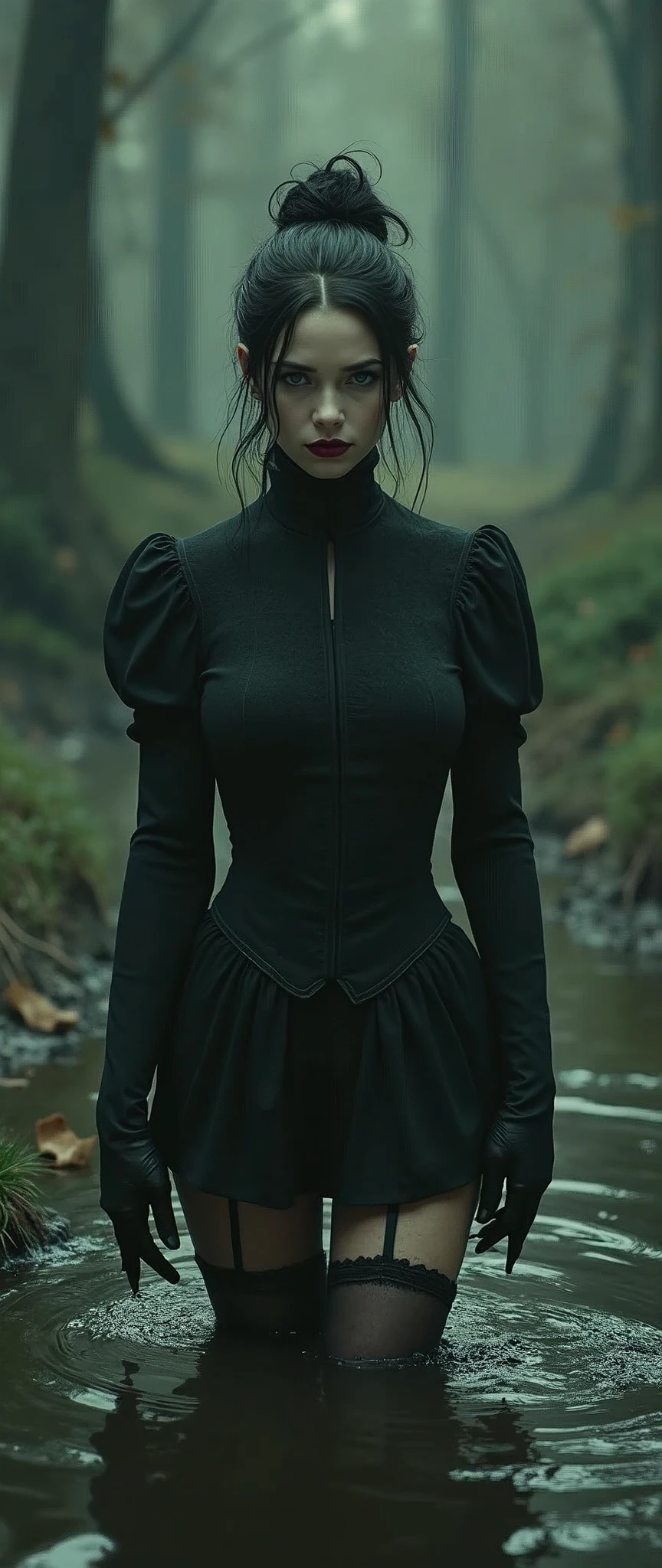drama, stuck in bog,high-neck style, closed Puritan dress, short mini-dress, hips, high-neck dress, aristocratic hairstyle, stockings with garters, red lips, goth, aristocratic behaviour