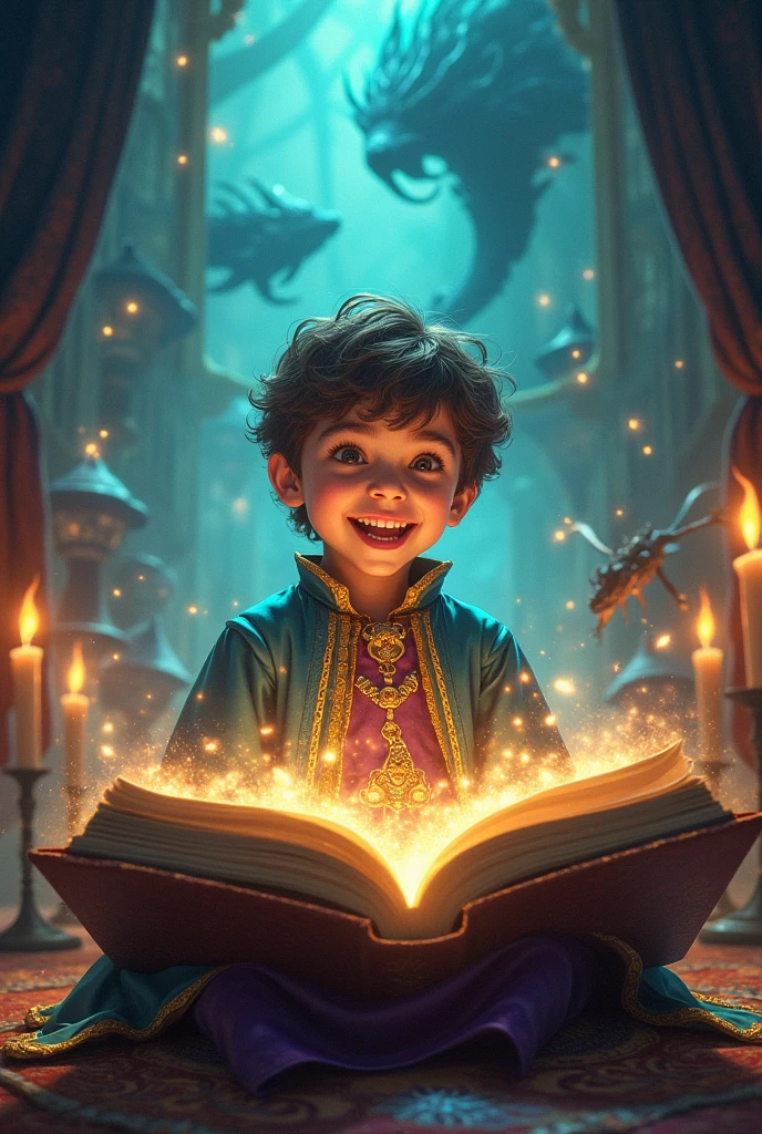 Pic of A young boy with a joyful expression, deeply engrossed in a large, ornate book. He wears a richly detailed, teal and purple robe with golden trim, suggesting he's a young sorcerer. Surrounding him are his imaginary scenarios like, He is getting a magic ion, he is diving in an ocean, he is fighting with dragon. hinting at the magical world bursting forth from the book. The scene is bathed in warm, inviting light, emanating from candles and magical sources alike, creating an atmosphere of wonder and enchantment.