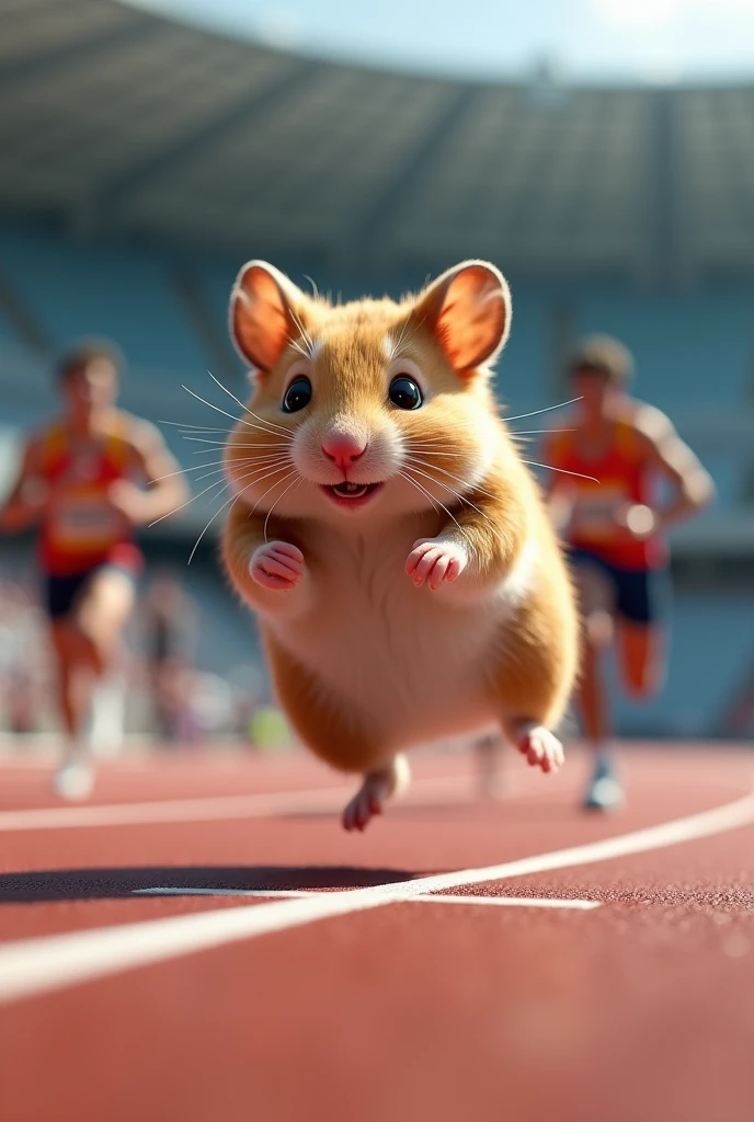 realistic hamster running on olympic with other real human and wining the race  