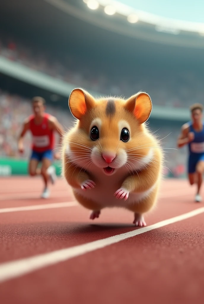 realistic hamster running on olympic with other real human and wining the race  