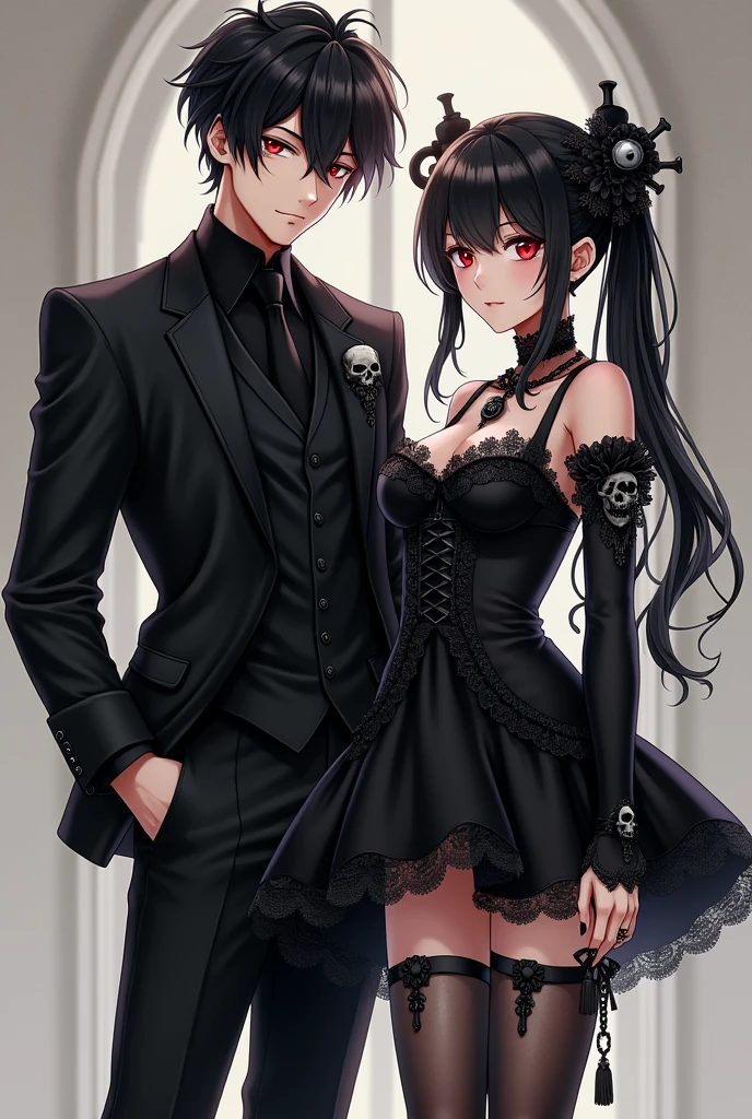A handsome red-eyed guy wearing a gothic suit and skull accessories. With a beautiful red-eyed woman wearing a gothic mini dress with skull accessories and stockings. Anime style .Standing facing forward