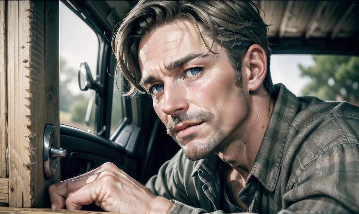 [((highly detailed, detailed eyes, detailed face, clear and realistic facial features, photorealistic, realistic light, cinematic)), ((((1 man)))), Mark is a handsome and alluring slender but muscular male farmer father aged 45 with short blond hair and a neat moustache and blue eyes and weathered skin wearing a flannelette shirt, ((sexy rural gay farmer)), ((greying dark-blond hair)), (((weathered mature face))), (((Mark has a seductive smirk on his face and a slight blush on his cheeks))), There is a charming yet dry southern farm in the background, (((air of sexual tension))) (((alluring longing glance)))]