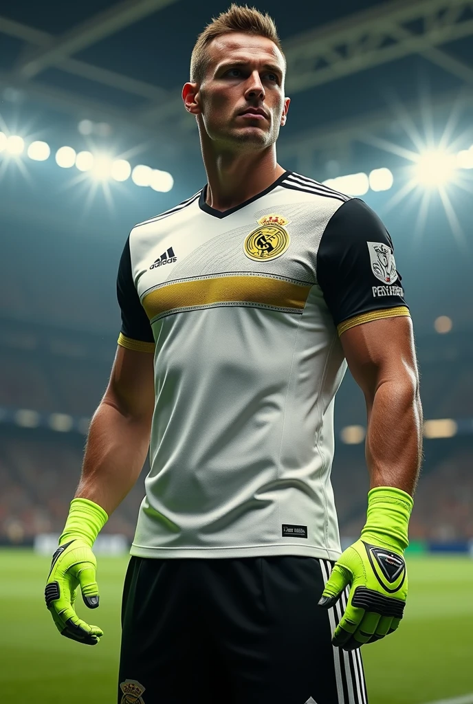 Football uniform similar to that of the German national team with white colors, blackw , gold details fluorescent green