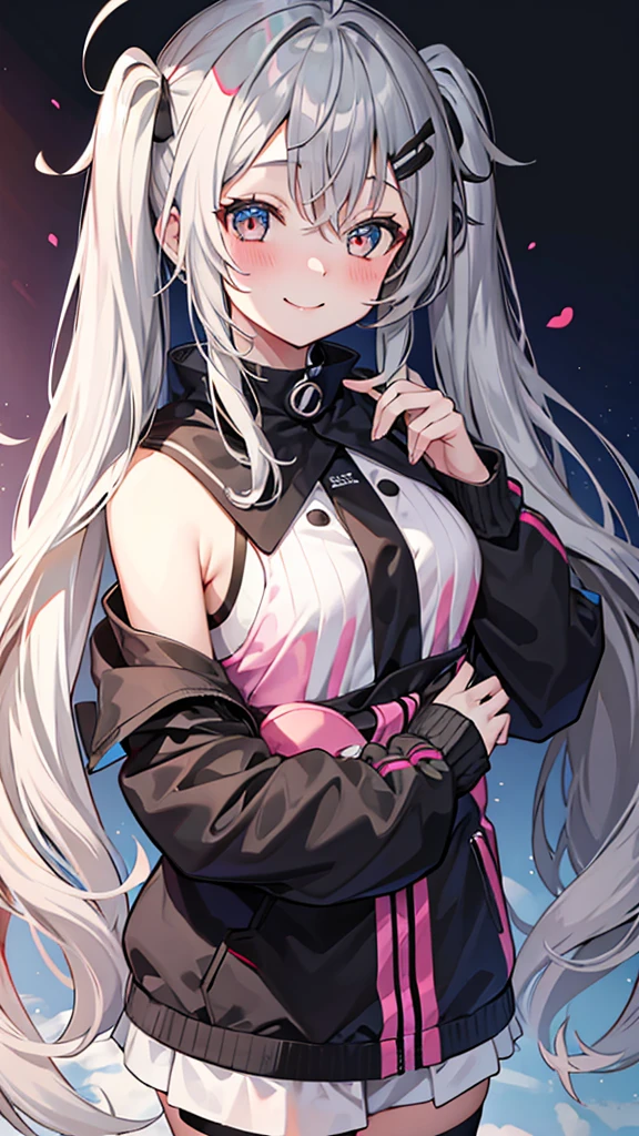 One girl, chest, Long Hair, smile, Blushing, Twin tails, Ahoge, Gray Hair