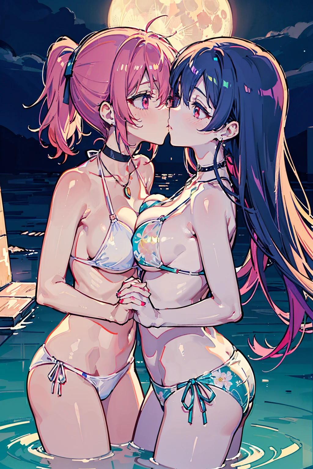 (high detail, high quality, best picture quality, masterpiece) from above at a long distance in a rule of thirds composition Two cute Girls ((Night sea)) ((dark scenery)) ((moon)) moonlit sea (Backlight) ((The girl on the right is short and has a medium bust/Blue eyes/brown ponytail)) ((The girl on the left is tall and has a large bust/Red eyes/purple hair/Princess Cut, long hair)) (Facing each other and holding hands) (Place your other hand around the other persons waist) (White or floral bikini) shiny glossy iridescent clothes shiny glossy latex gradient iridescent bikini shiny reflective bikini (((Close Face))) ((Face to Face)) ((Kissing Soon)) Gazing at each other On the brink of kissing Embarrassed expression Blushing Half-Closed Eyes Wet body (Choker or pendant) (Earrings or pierced earrings) Alternating Breast Size Bouncing Breasts Dangling Breasts bad fingers bad hands missing fingers