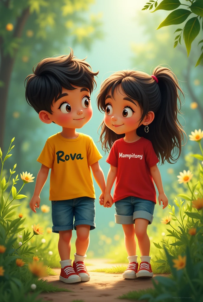 A couple(a boy and a girl) standing hand in hand, walking in a garden and . They are wearing a t shirt. On both the tshirt a designer name is printed that is "Arnaz". The girl is biting the boy.