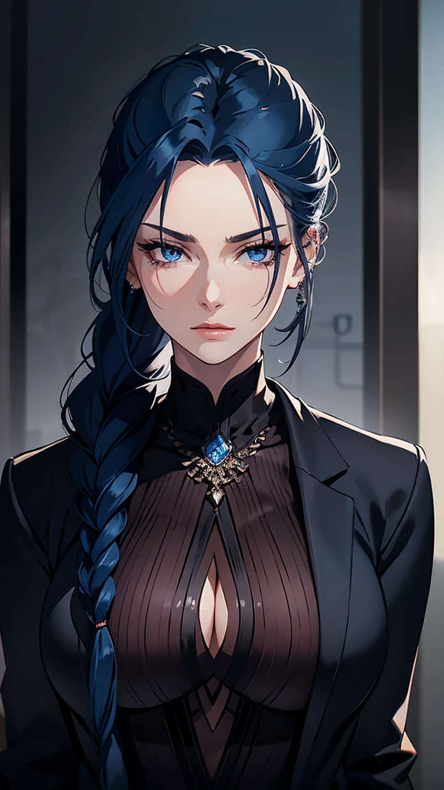 blue hair styled in a thick, long braid, glossy and striking; elongated, oblong face with high, defined cheekbones and a softly rounded chin; intense, captivating dark eyes framed by well-groomed eyebrows; full, plush, perfectly-shaped dark red lips; fitted black jacket over a high-necked dark red tshirt, modest and stylish; sleek, tailored jacket with subtle details; intricate tattoos subtly visible on right arm; modern helix piercing; calm and serious expression