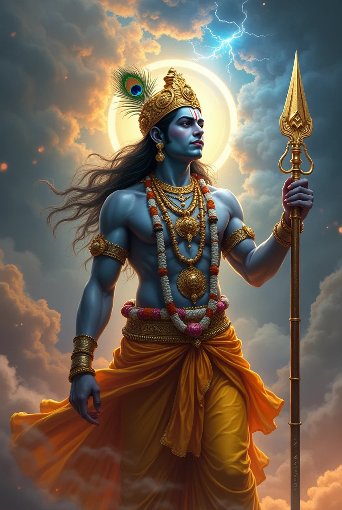 Certainly! Here’s a detailed prompt you can use:
"Create a highly detailed image of Lord Krishna holding lord Shiva weapon
style and confidence and the big thunder coming and cloud are becoming darker with some shine
behind the Krishna.Krishna should have a serene but slightly arrogant expression, exuding divine power. He is dressed in traditional attire with rich, vibrant colors, including a golden crown with a peacock feather. The background should be a celestial scene with a radiant aura surrounding Krishna, emphasizing his divine nature and authority."