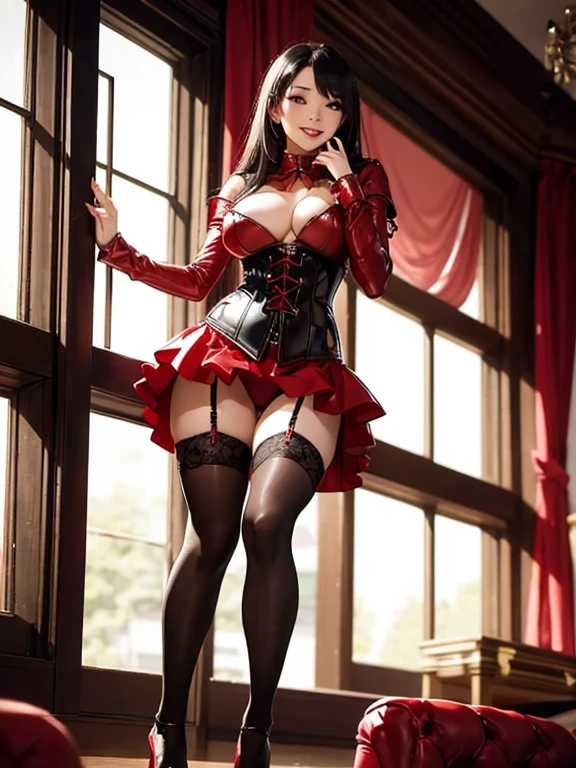 Young Asian woman, 23 years old. Busty. Double D cup,    Black eyes wearing blood red leather corset, Black leather Stockings. Standing in her bedroom, full body pose, dressed in a beautiful red corset, Smile, High Detail, HD, Best quality, high quality, black stockings, Foot Focus, Naughty Face, looking at the audience, from below,