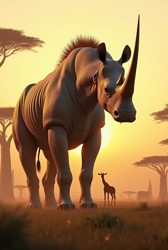 A rhino mixed with a giraffe in the savannah