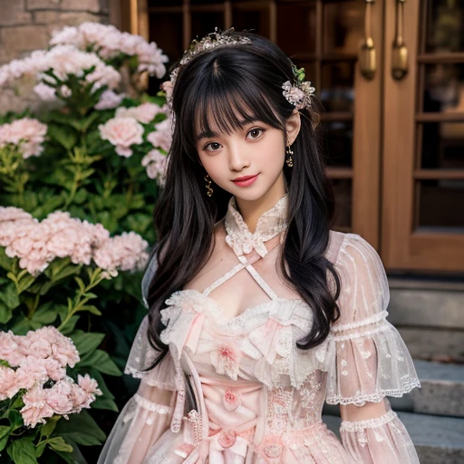 best quality, Delicate face,beautiful visual work, lifelike, eternity, black hair, Long curly hair, blunt bangs, Smile, Detailed Background, Delicate face,pink blush,cold,((masterpiece))、(top quality)、8k、high detail、Super detailed,31 years old female,Wearing lolita dress、Seductive and whimsical style、masterpiece、born、Scenes resembling fairy tale illustrations、Intricate details and complex designs、Beautifully、magic、capricious、 Beautifully、Dream aesthetics、「𝓡𝓸𝓶𝓪𝓷𝓽𝓲𝓬、ethereal、charming、fickle、magic」、Realism、Visual effects、FXAA、SSAO、Shaders、voiceless、ambient lighting、Tone mapping、High resolution、Ultra high quality、Million pixels、(8K resolution:1.10)、8k、Below 8K、8K resolution、high detail、intricate details, (high quality:1.2、masterpiece:1.2、:1.21)、(21 years old female:1.21)、(Smile excitedly)、(Surrounded by the dreamy atmosphere、Model diagram,full-body shot,Normal 2 feet,Don't show your fingers