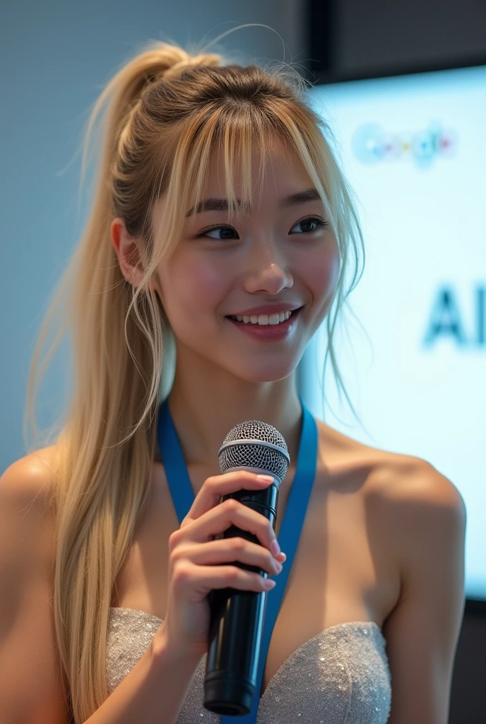 (RAW shooting: 1.2), (Photorealistic: 1.4), (Masterpiece: 1.3), (Highest quality: 1.4), Bright expression, Very beautiful girl, Extraordinary beautiful girl, Cute and beautiful face with every detail, Beautiful bangs, Shining white skin, Facial hair, Bangs on face, Bangs between eyes, Super long hair, Attractive light and dark platinum blonde super long straight silky hairy hair, Attractive and shining beautiful bright transparent light blue big eyes, Luxurious dress, Double eyelids, Ample breasts,, with long hair in a messy ponytail wearing a Luxurious dress with a blue lanyard around her neck holding a microphone at a "TedX" stage. She is smiling while talking to the audience. There is a white wall behind her and there is a yellow Google logo on it. She has a nice body shape. Her eyes look like they have something interesting or smart ideas inside them. The overall atmosphere conveys confidence and determination as she shares knowledge about AI tech with people from all walks of life, in the style of a TedX talk