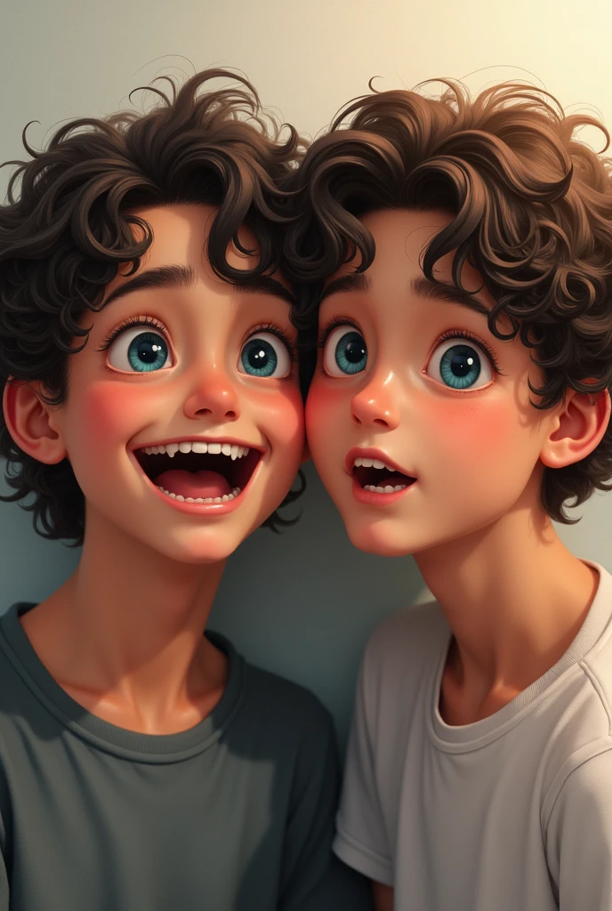 Male twins, with curly hair and blue eyes, one laughing and one more serious