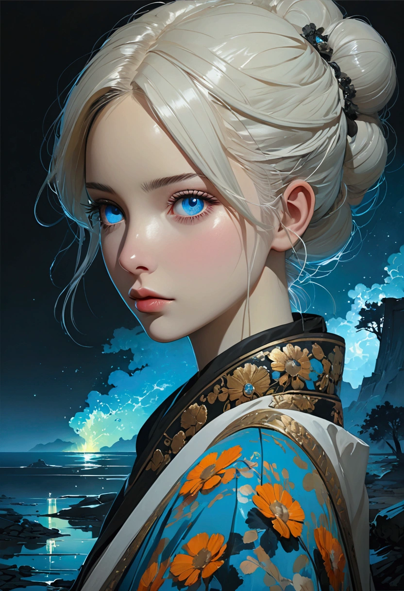 Siberia,Strange,make up,Heterochromia,Intricate details,elegant,8K resolution,Realistic rendering,(Ashley Wood Style:1.2),(Nick Vicesi Style:0.6), Chemiluminescence,1 girl,landscape, water, (Extremely detailed CG unity 8k wallpaper), The most beautiful works of art in the world, Professional Majestic Oil Painting, complex, High Detail, Clear focus, dramatic, Realistic Art