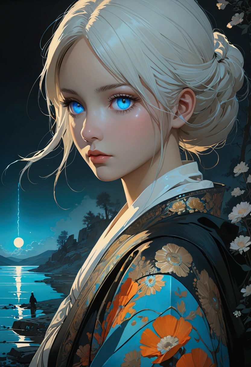 Siberia,Strange,make up,Heterochromia,Intricate details,elegant,8K resolution,Realistic rendering,(Ashley Wood Style:1.2),(Nick Vicesi Style:0.6), Chemiluminescence,1 girl,landscape, water, (Extremely detailed CG unity 8k wallpaper), The most beautiful works of art in the world, Professional Majestic Oil Painting, complex, High Detail, Clear focus, dramatic, Realistic Art