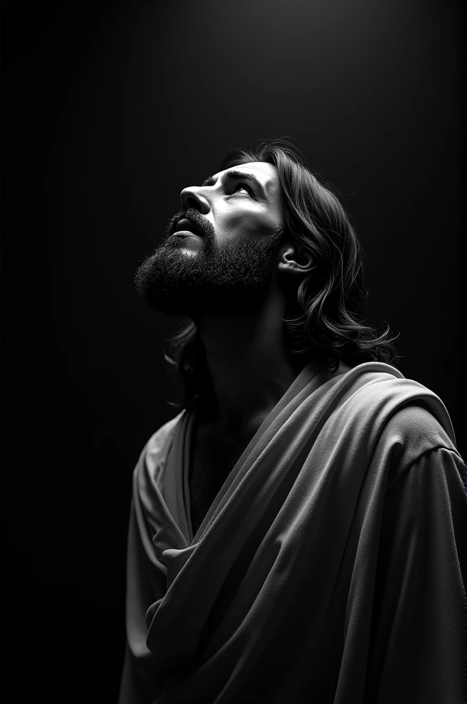 Create a cover for a YouTube video with this description: Jesus looking up begging, in black and white colors
