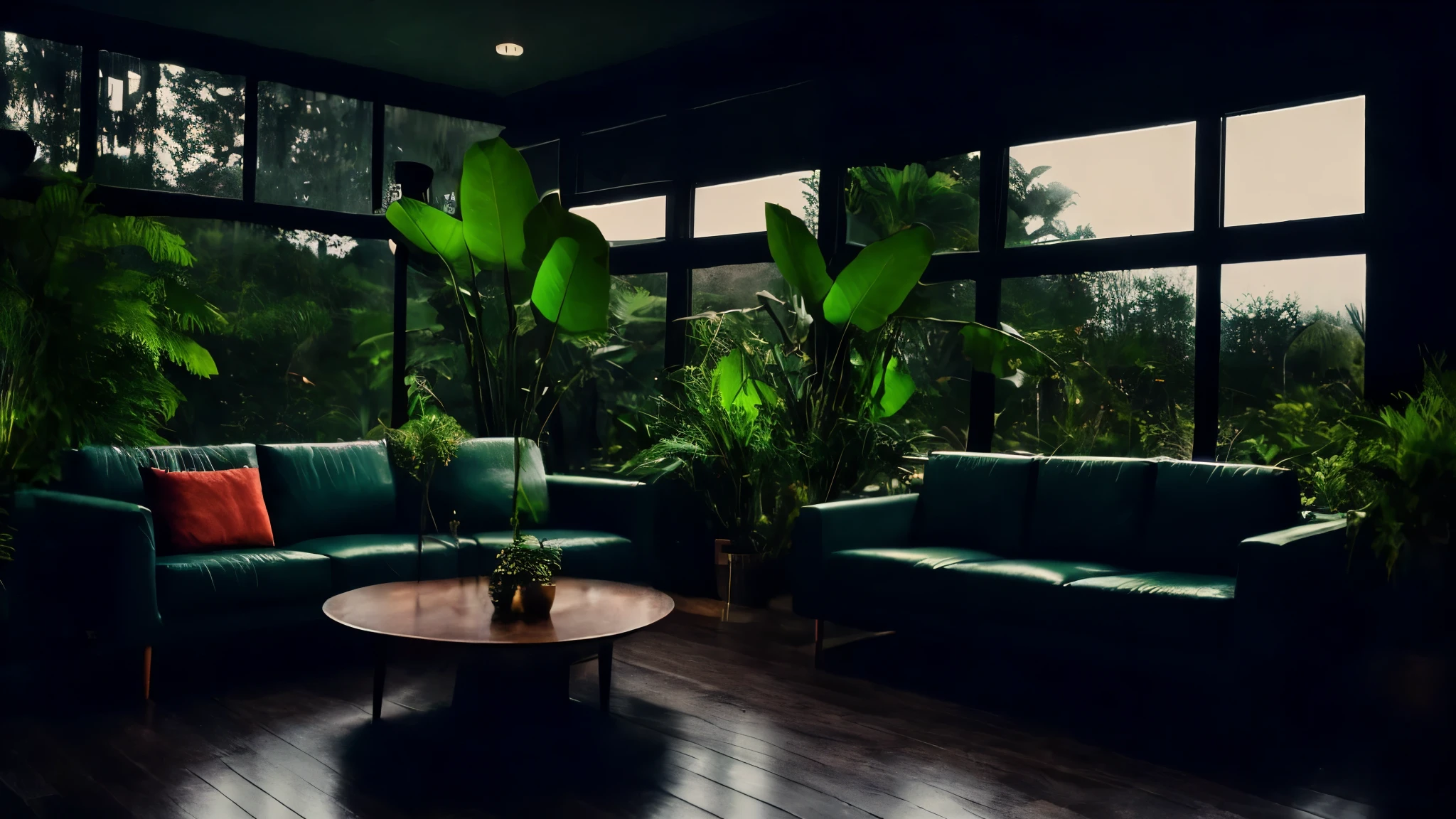 midcentury modern living room dimly lit with dark rainy evening outside, (foggy rainy evening:1.2), pacific northwest, (dim lighting:1.4), (moody lighting:1.2), plants, large plants, rainy, monstera, many plants, (foggy windows:1.2), masterpiece, best quality, twilight hour, (nighttime:1.4), rainy evening, after sunset, dark sky, dark night, dark theme,