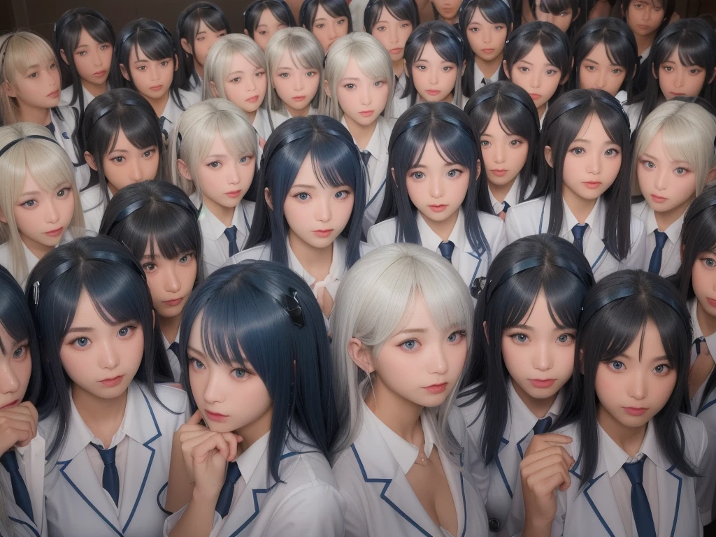 (((Clone Art、Very detailed depiction of a female avatar、8k: 1.5)))、Realistic、((16 years old))、((日本人のhigh school girl))、high school girl、((high school girl))、Beauty、woman、((Summer uniform、blue、White shirt、Skirt is light blue、White Pantyhose、Black leather shoes: 1.9))、((Black Hair、ponytail、Japan Eyes、smile: 1.9))、Beautiful Skin、Big Breasts、((There are many cloned humans who have the exact same face and body shape as the high school girl: 1.8))、Enclosure、数万人のhigh school girl、Standing、sitting、((crowd、Group、Intensive))、(((top view)))