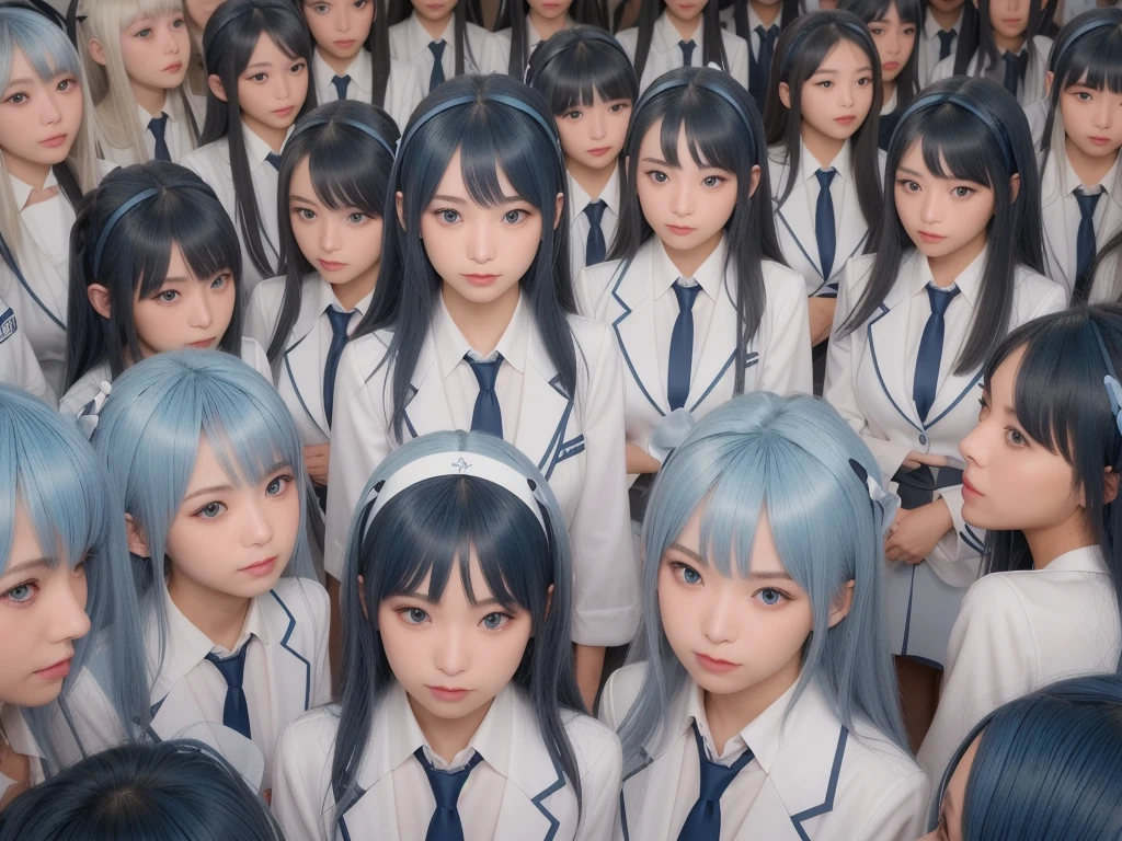 (((Clone Art、Very detailed depiction of a female avatar、8k: 1.5)))、Realistic、((16 years old))、((日本人のhigh school girl))、high school girl、((high school girl))、Beauty、woman、((Summer uniform、blue、White shirt、Skirt is light blue、White Pantyhose、Black leather shoes: 1.9))、((Black Hair、ponytail、Japan Eyes、smile: 1.9))、Beautiful Skin、Big Breasts、((There are many cloned humans who have the exact same face and body shape as the high school girl: 1.8))、Enclosure、数万人のhigh school girl、Standing、sitting、((crowd、Group、Intensive))、(((top view)))