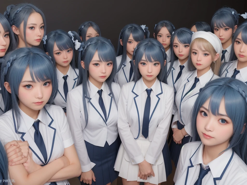 (((Clone Art、Very detailed depiction of a female avatar、8k: 1.5)))、Realistic、((16 years old))、((日本人のhigh school girl))、high school girl、((high school girl))、Beauty、woman、((Summer uniform、blue、White shirt、Skirt is light blue、White Pantyhose、Black leather shoes: 1.9))、((Black Hair、ponytail、Japan Eyes、smile: 1.9))、Beautiful Skin、Big Breasts、((There are many cloned humans who have the exact same face and body shape as the high school girl: 1.8))、Enclosure、数万人のhigh school girl、Standing、sitting、((crowd、Group、Intensive))、(((top view)))