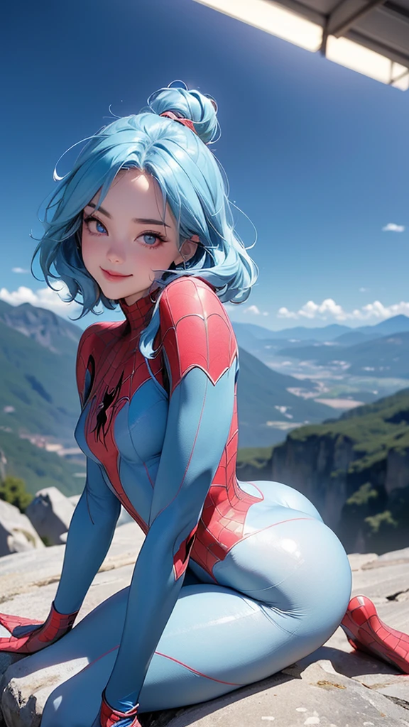 One girl, (High resolution, masterpiece, accurate, Anatomically correct), ((The body is facing sideways、Beautiful buttocks、A little smile))、(Two-tone light blue and gold hair、Pink eyes)、(Spiderman cosplay in full body tights)((Blurred view from the top of the mountain))Highest quality, Ultra high definition, High-resolution model, 