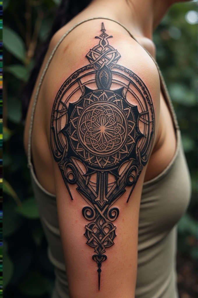 Create a tattoo that includes the flower of life and Celtic symbols