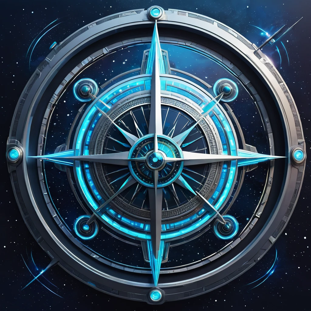 generate a brand strategy image in a futuristic intergalactic style in the form of. There must be a compass 