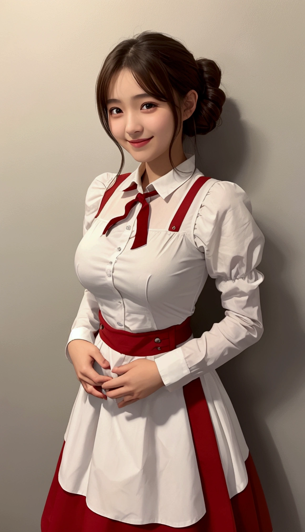 High school girls、Brown short hair、17 years old、Too big breasts、Breasts 20cm in diameter and 40cm in length、Oversized breasts that reach the navel、She wears a school uniform designed like a dirndl、Red ribbon at neck、White shirt、Brown Dirndl、Too beautiful girl、whole body、Standing、smile、Visible from head to toe、Are standing