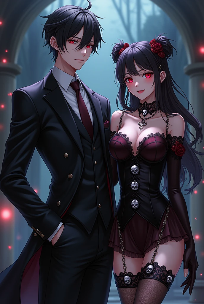 A handsome red-eyed guy wearing a gothic suit and skull accessories. With a beautiful red-eyed woman wearing a gothic mini dress with skull accessories and stockings. Anime style .Full body .Standing facing forward