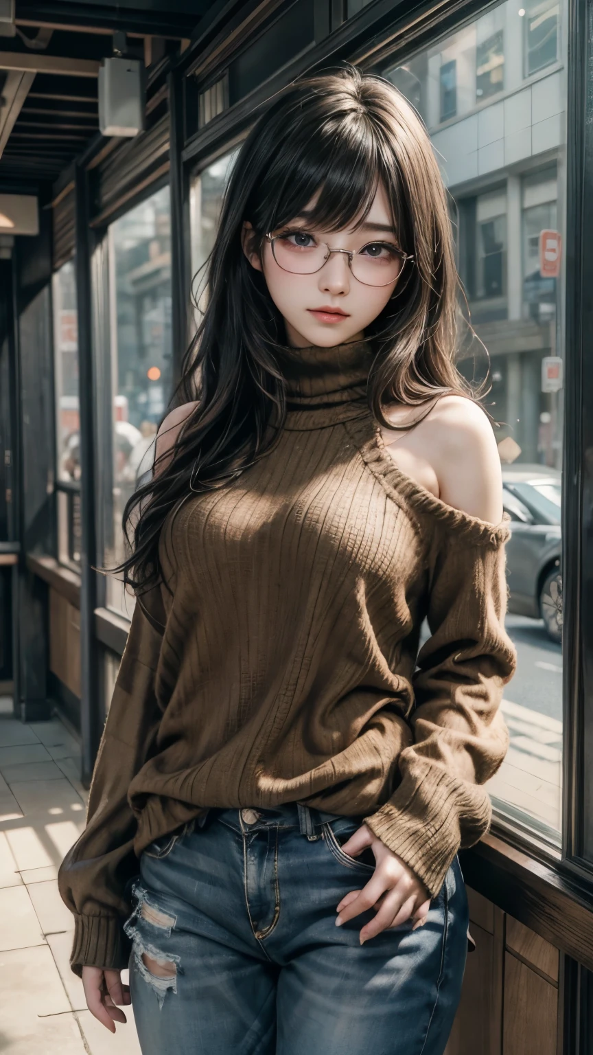 masterpiece, highest quality, one woman, Japanese people in their 20s, (black hair, very short hair, two braids(on both shoulders), curly hair), (symmetrical beauty, small face, sharp outline, thick eyebrows, dark eyebrows, realistic eyes, double eyelid, droopy eyes, small nose, thick lips, close your mouth), (smile, shy smile), (glasses, 縁が薄いglasses, 小さいglasses, レンズが小さいglasses, square lens), (wheat-colored skin, realistic skin texture, I cup breasts, Slightly plump body type), (jacket:long beige coat, inside:black turtleneck sweater(Hem out), pants:dark blue long jeans, brown boots), (Are standing, Show the whole body, Even the shoes are shown), The background is the city, (face directly toward the camera, looking directly at the viewer, looking at the camera, The whole body is facing towards the viewer., whole body facing towards the camera, face looks straight into the camera).